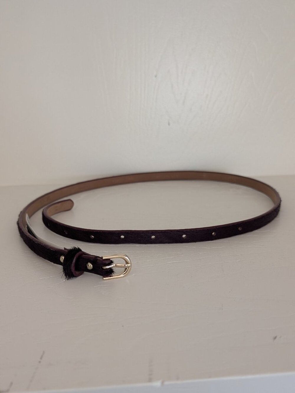 Ann Taylor Burgundy Wine Purple Calf Hair Skinny Belt w/ Silver Buckle